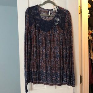 Long sleeve blue and copper blouse